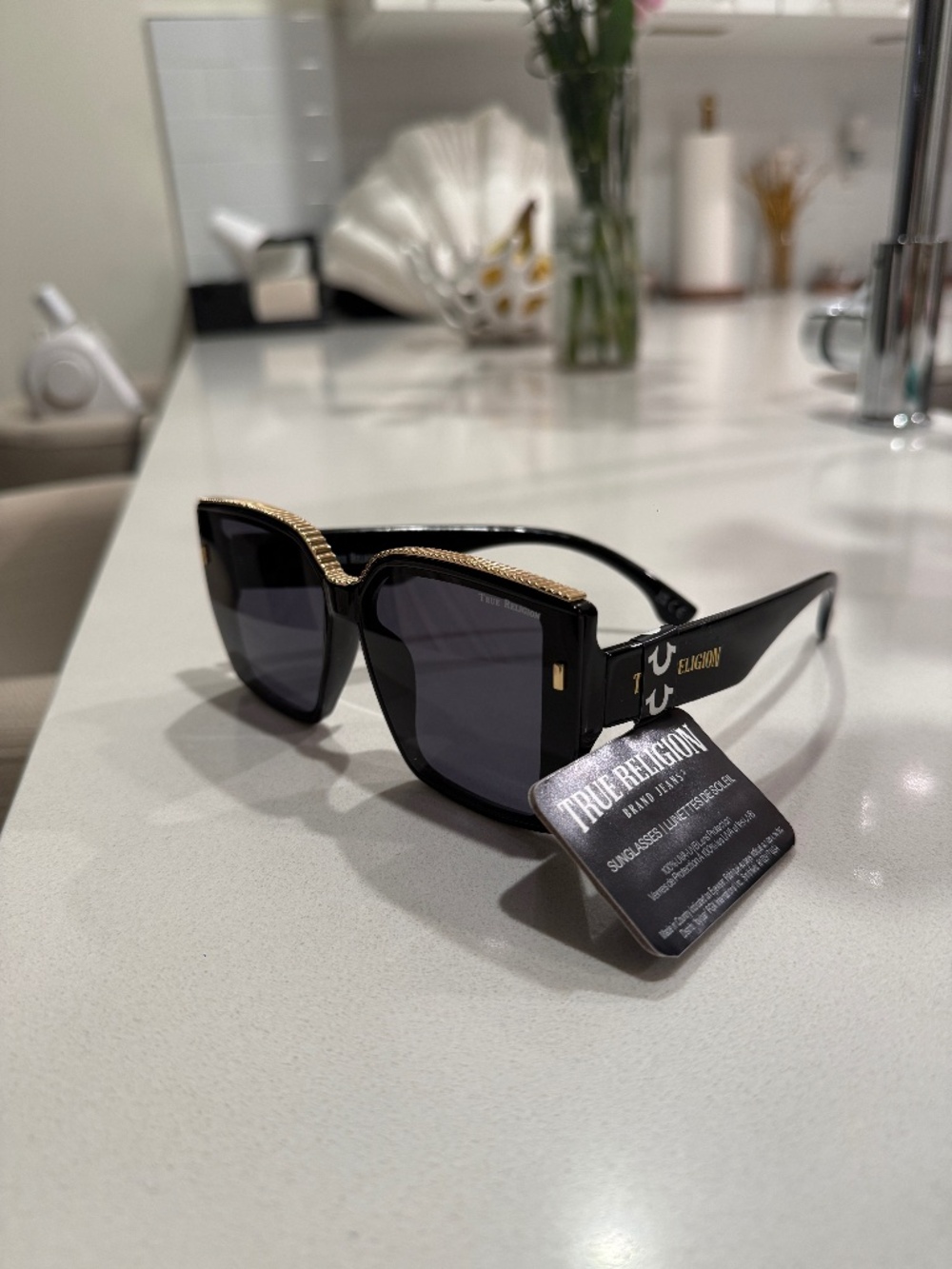 True Religion Black Gold Oversized Square Sunglasses Fashion Glasses